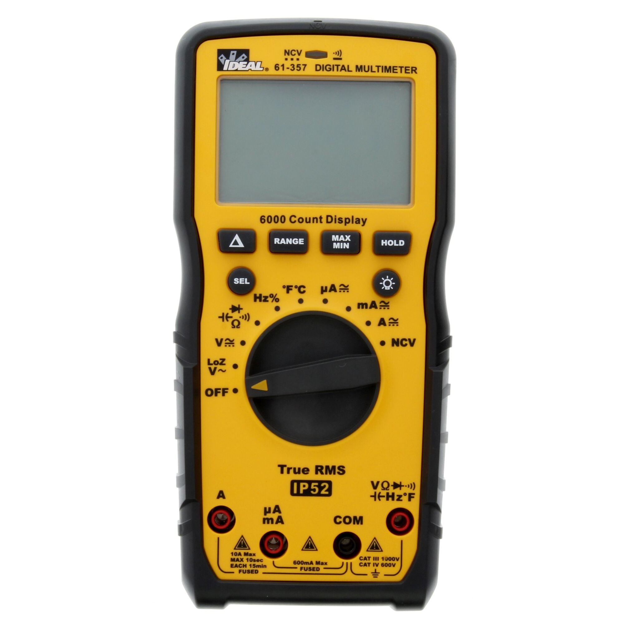 IDEAL, Multimeter 1000V Auto Range w/LoZ, UL Certified CAT IV 600V CAT III 1000V AC/DC 10A AC/DC TRMS Auto Ranging Digital Multimeter with Analog Bar graph on Display, Auto Power Off, Backlit Display, Audible Continuity, Data Hold, 61-357